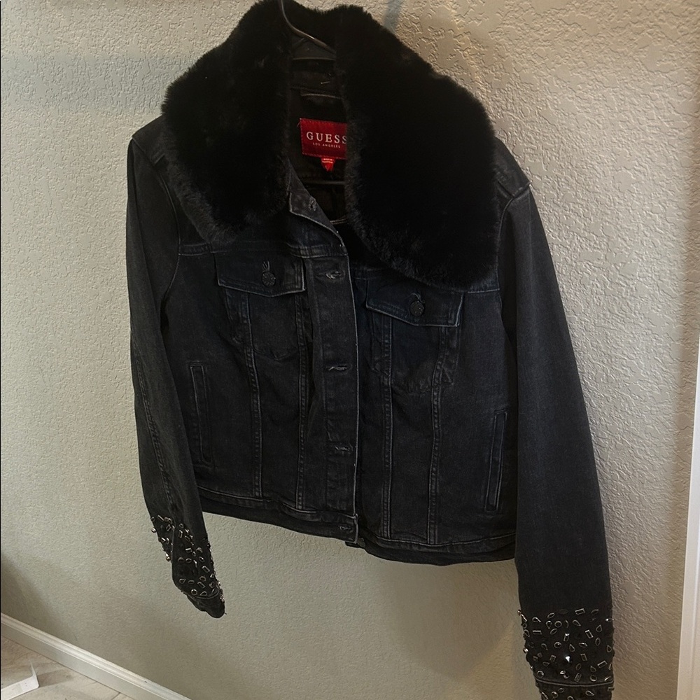 GUESS Black Jean Jacket with Faux Fur Collar